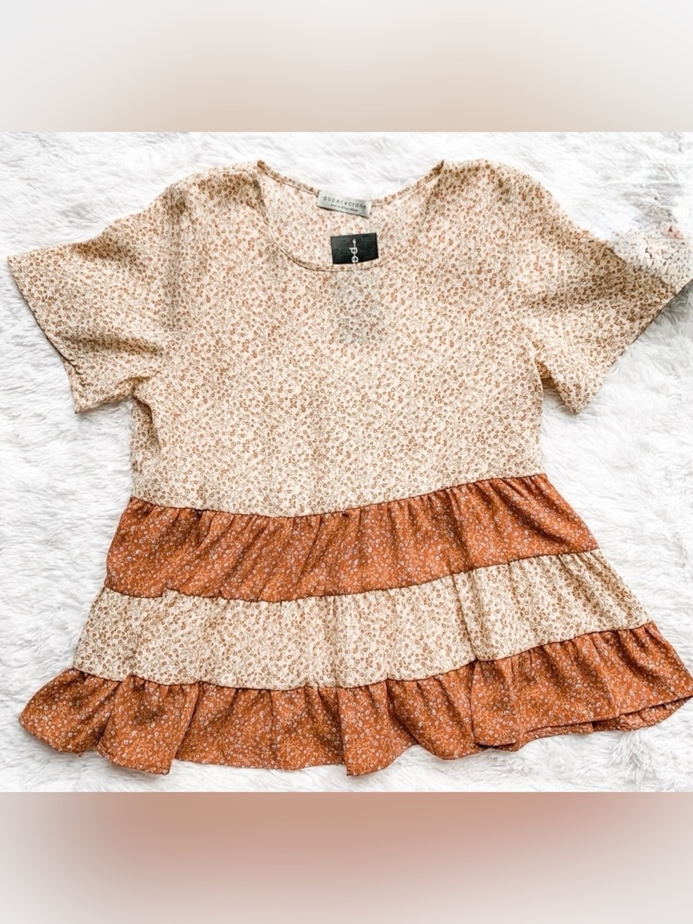 Paper Crane Cream and Rust Floral Ruffle Peplum Top - Medium